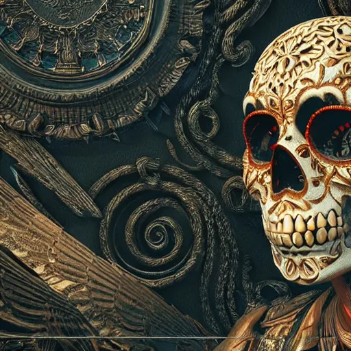 Image similar to a highly detailed photographic render of intricately carved sugar skull, intricate ornament, gilding, horror, dark fantasy, beautifully lit, ray traced, octane 3D render in the style of Gerald Brom and James Gurney