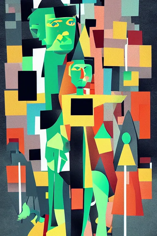 Image similar to cubist moai statue cutout digital illustration cartoon colorful beeple