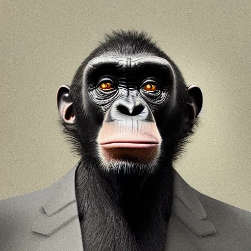 Prompt: a high detail shot of a chimp wearing a suit, smoking a cigar, render, cgsociety, photorealism