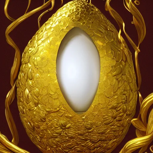 Image similar to an elaborate dragon egg emerging from the blossom of a metallic gold flower with tendrils of gold wrapping around the egg, fantasy concept art
