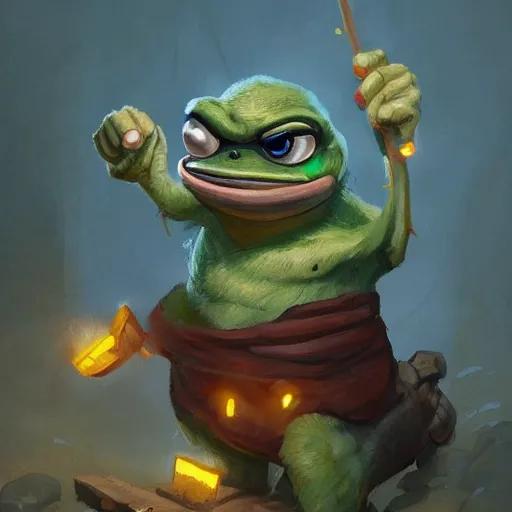 Image similar to super rich pepe the miner, greg rutkowski