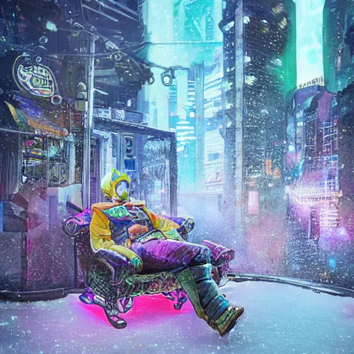 Prompt: beautiful hyperdetailed digital painting of a snowman sitting on a bench outside a futuristic neon cyberpunk ice cream store, cyberpunk city in background, night time, stunning lighting, dreamy, global illumination, octane render, trending on artstation, unreal engine 5, 4 k