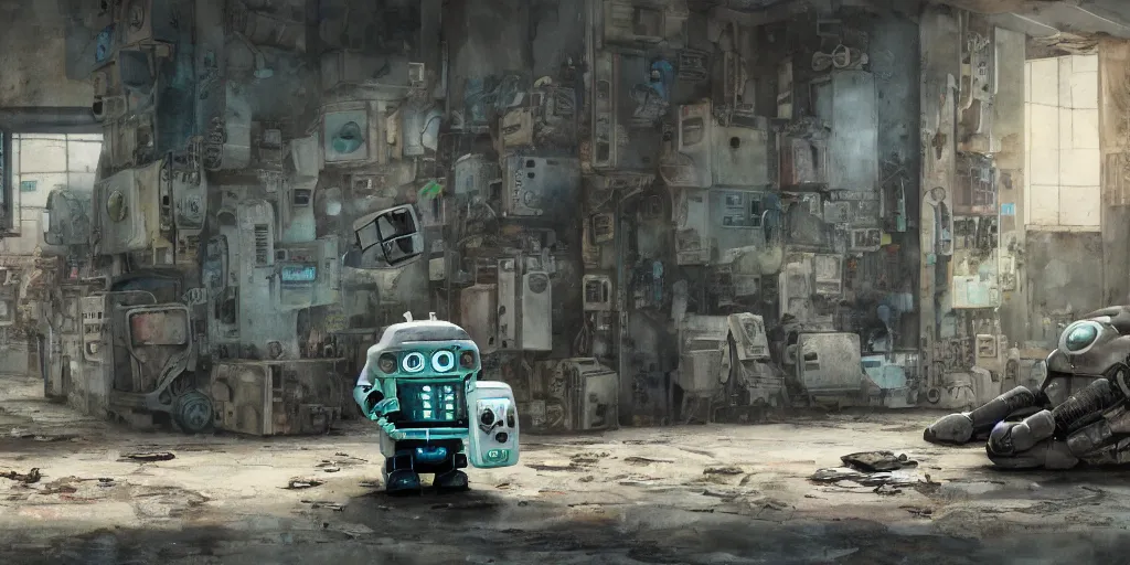 Image similar to a broken robot lying in a deserted junk town, watercolor, ghost in the shell, soft bloom lighting, paper texture, bright sun bleached ground, vending machine, robot lurks in the background, koji morimoto, katsuya terada, genius party, animatronic, black smoke, pale, beige sky pencil marks, hd, 4k, remaster, dynamic camera angle, fish eye, dynamic scene