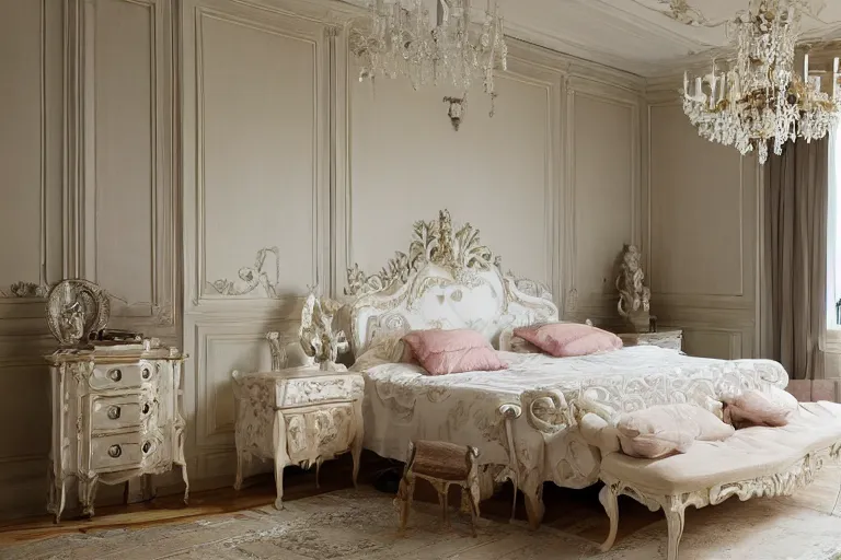 Image similar to A sunny bedroom, exquisite decoration, all restoration furniture