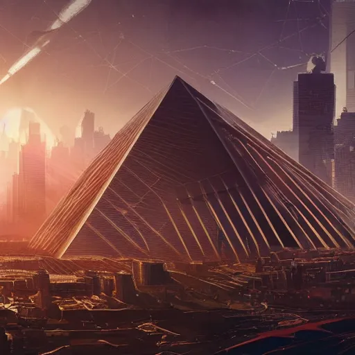 Prompt: detailed intricate epic atmospheric illustration hyper detailed, millions of robot android slaves surrounding a gleaming steel and glass pyramid reflecting the bright sun, in a future city