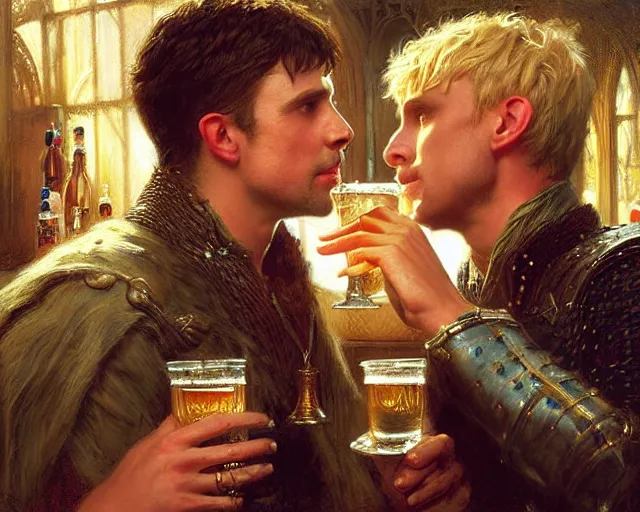 Prompt: attractive arthur pendragon and attractive merlin go to a pub together to have some drinks. highly detailed painting by gaston bussiere, craig mullins, j. c. leyendecker 8 k