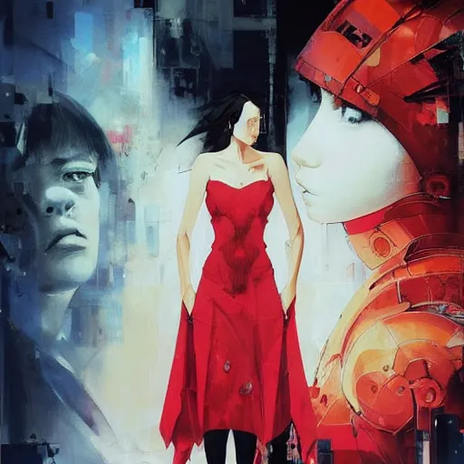 Image similar to portrait of a daydreaming melancholic latin woman in red habit being progressively rasterized into pixels from another world, she is surrounded by digital birds and a giant loving neon mecha robot is besides her, oil on canvas by yoji shinkawa, esao andrews, dave mckean and stina persson