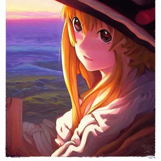 Prompt: Classical oil painting of Kirisame Marisa on a cliff at sunset by Dan Mumford, beautiful anime portrait, official artwork, stylistic, Touhou character, brush strokes, oil, canvas