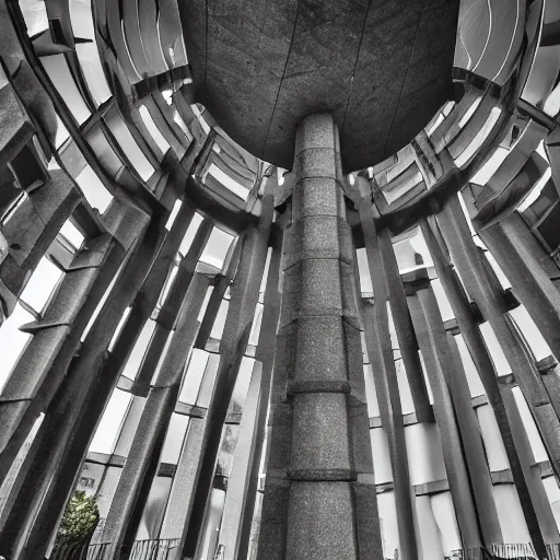 Image similar to a wide shot of a sci - fi beautiful brutalist monument, with many rounded elements sprouting from the base tower creating a feel of an organic structure, photography