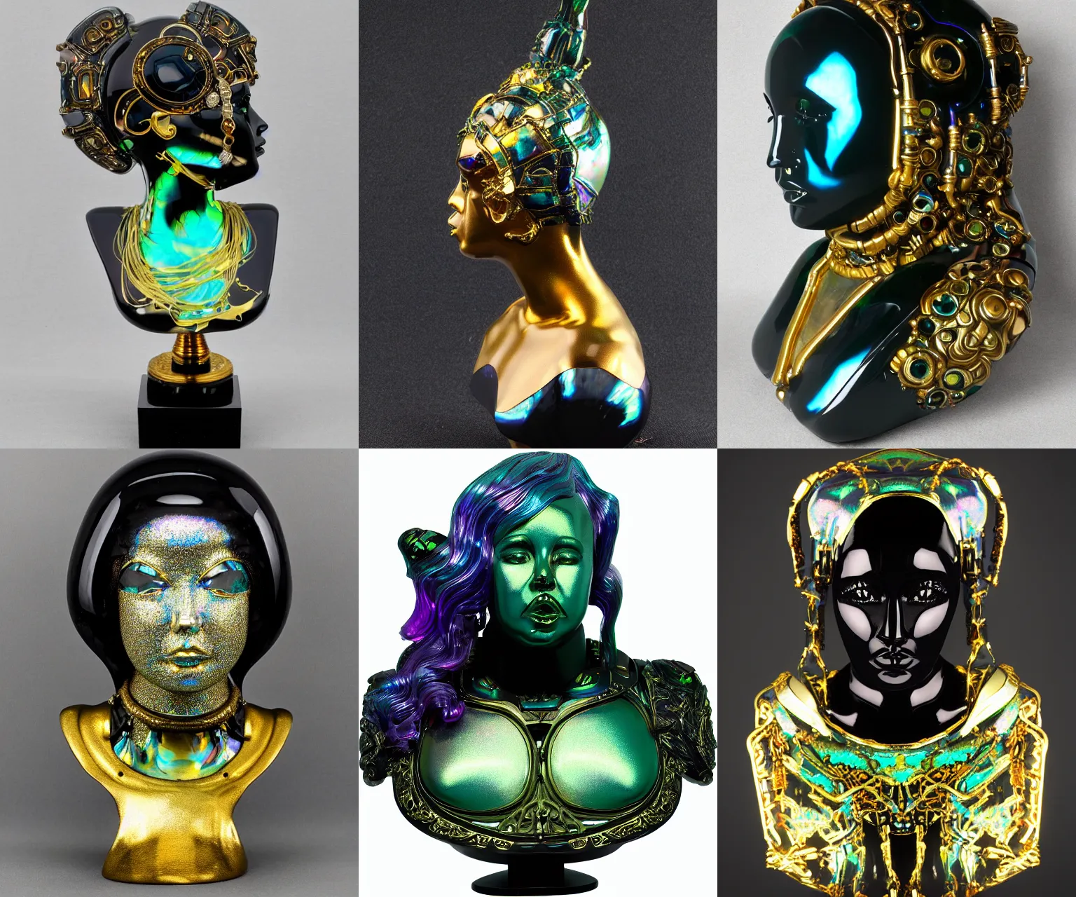 Prompt: translucent iridescent onyx and gold bust of angry futuristic obese cyborg young black galactic empress, organic cyborg, intricate, ornate