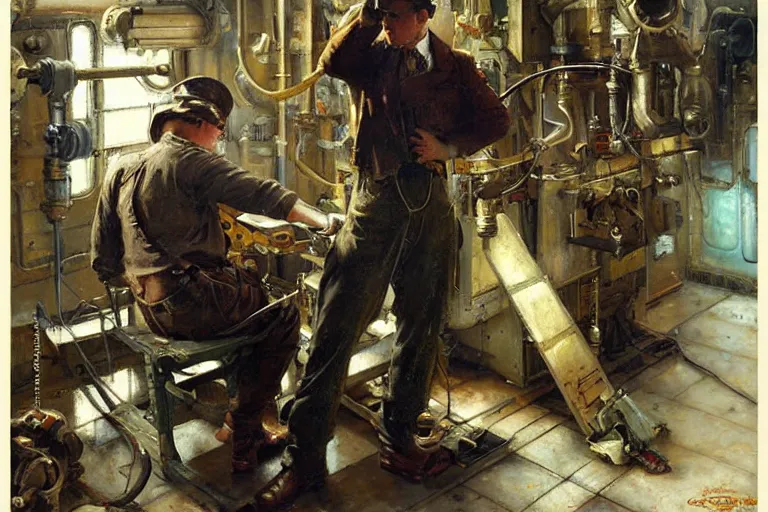Image similar to male repairing machine, dieselpunk, painting by gaston bussiere, craig mullins, j. c. leyendecker, tom of finland
