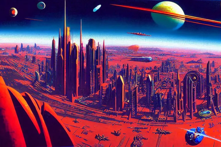 Prompt: cloisonnism wide angle painting of megacity 1 from judge dredd megacity 1 from judge dredd in no mans sky no mans sky | masterpiece syd - mead, moebius