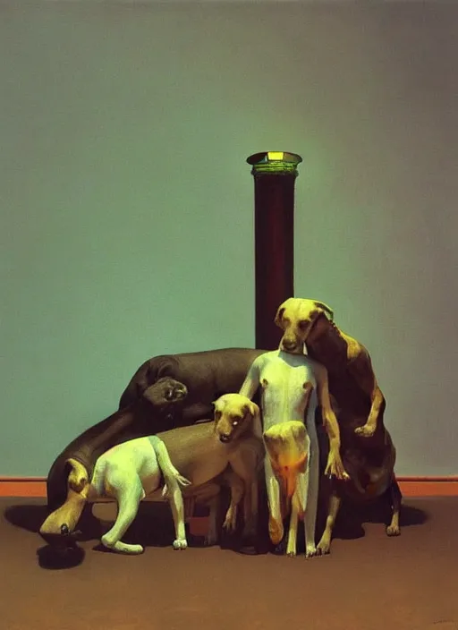 Prompt: crowd of dogs with recovery cones Edward Hopper and James Gilleard, Zdzislaw Beksinski highly detailed