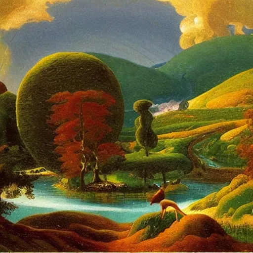 Image similar to A beautiful kinetic sculpture of a landscape. It is a stylized and colorful view of an idyllic, dreamlike world with rolling hills, peaceful looking animals, and a flowing river. The scene looks like it could be from another planet, or perhaps a fairy tale. by Caspar David Friedrich, by Charles Willson Peale lines