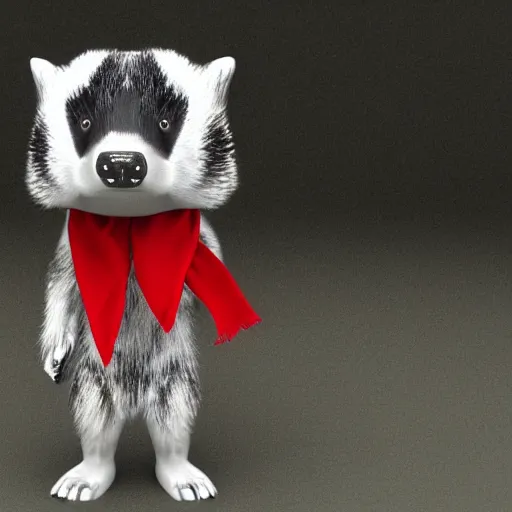 Image similar to a humanoid friendly badger walking on white background towards the camera, he‘s wearing a red neckerchief, digital render