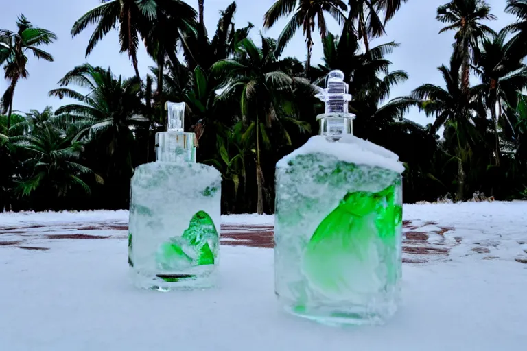 Image similar to perfume bottle buried a tropical oasis, frozen and covered in ice and snow