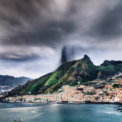 Prompt: madeira island invaded by furious king kong by the bay, cinematic shot, realistic, hdr, color, wide shot