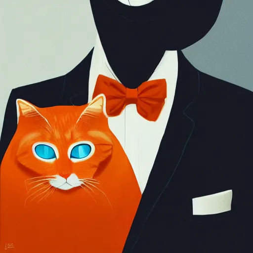 Prompt: high quality picture of a man in a suit wearing a latex mask of a sly looking orange/white tabby cat on a dark bg, lit from below by James Jean, natural lighting