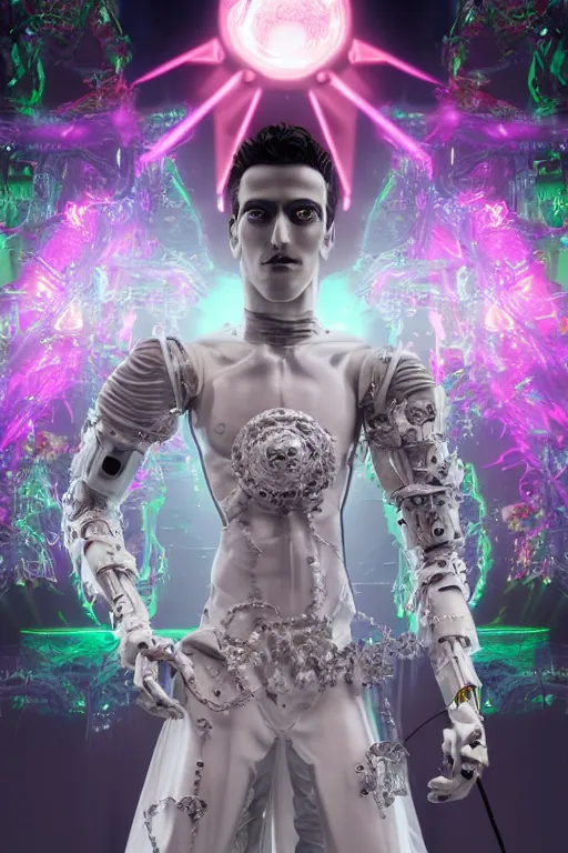 Prompt: full-body rococo and cyberpunk style quartz sculpture of a young handsome seductive Venezuelan android prince reaching for the sky, glowing pink laser eyes, crown of white gears and diamonds, swirling green-colored silk fabric. futuristic elements. full-length view. intricate artwork by caravaggio. Trending on artstation, octane render, cinematic lighting from the right, hyper realism, octane render, 8k, depth of field, 3D