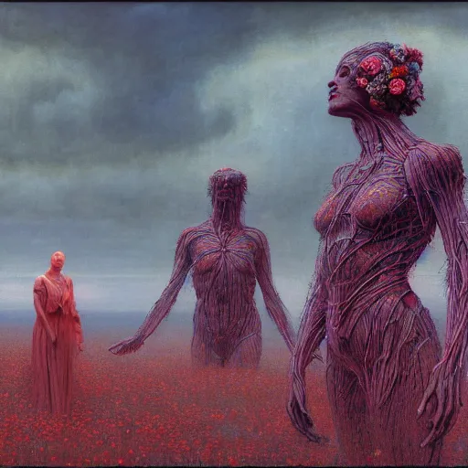 Image similar to A woman wearing clothes made out of thunder clouds and flowers, giant monsters walking in the background, red skin, Masterpiece, glowing, wires everywhere, by Edgar Maxence and Ross Tran, Zdzisław Beksiński, and Michael Whelan, distant, gustav dore, H.R. Giger, 8k, octane render