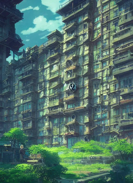 Prompt: A Huge Steampunk Old Apartment Building by Howl's Moving Castle Ghibli, by Miyazaki, by Vincent Di Fate Nausicaa, Ghibli, Breath of The Wild, epic composition, green plants, octane render, trending on artstation