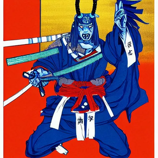 Image similar to a painting of a samurai but a blue oni demon 鬼 👹, poster art by otomo katsuhiro, cgsociety, nuclear art, reimagined by industrial light and magic, official art, poster art