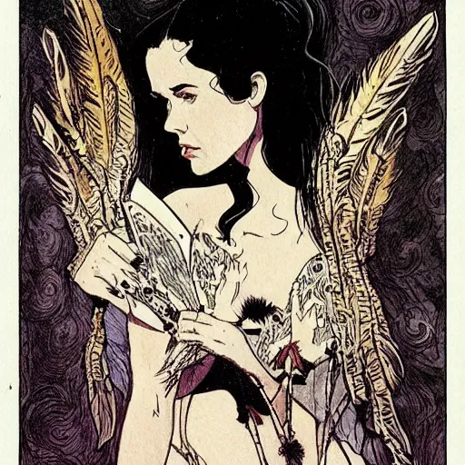 Prompt: young jennifer connelly as innocent gothic beauty with black feathers instead of hair, feathers growing out of skin, in opulent library, mike mignola, david mack, romantic, comic book cover, vivid, beautiful, illustration, highly detailed, oil painting