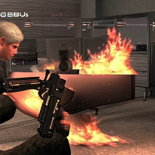 Image similar to drebin mgs4 trying to build a desktop computer on fire, game