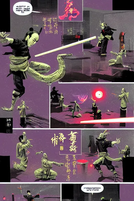 Prompt: Cybernetic Taoist martial-artist robotic shinobi ninja samurai sifu practicing qi-gong, chi-gong, kung-fu upon a city rooftop dojo with bonsai trees decorating the place. Dynamic, delirious, creative panel style by Bill Sienkiewicz. Heavy chromatic abberation. Visual distortion. Sci-Fi cyberpunk Comic page made up of art by the best artists Trending on Artstation. Octane render, Raytracing, 3d masterpiece, fantastic lighting by James Gurney. Noir detective genre.