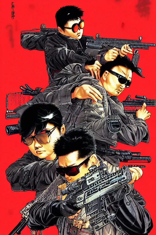 Image similar to poster of chow yun - fat wearing shades and shooting guns, by yoichi hatakenaka, masamune shirow, josan gonzales and dan mumford, ayami kojima, takato yamamoto, barclay shaw, karol bak, yukito kishiro