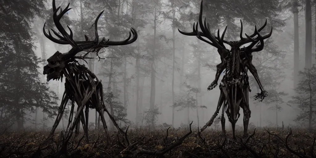 Image similar to leshen with deer skeleton skull and horns, ram skulls, grand imposing powerful sculpture. swirls of mist. occult photorealism, uhd, amazing depth, volumetric lighting, cinematic lighting. epic landscape.