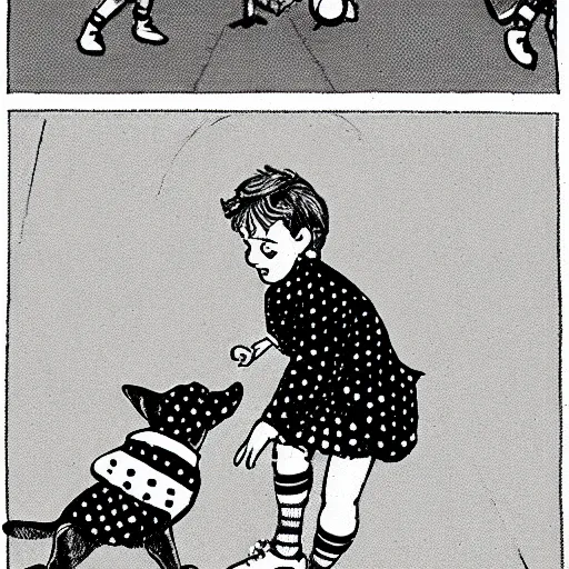 Image similar to illustration of french boy on the streets of paris playing football against a corgi, the dog is wearing a polka dot scarf, comic, 1 9 6 6