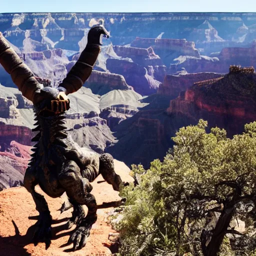 Image similar to candid photograph of a deathclaw roaming the grand canyon with a bright blue sky with many clouds in the background, 8 k, very detailed, very intricate,