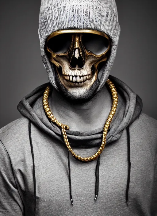 Image similar to portrait of a lithuanian man wearing a skull beanie and sleeveless hoodie, gold necklace, highly detailed, realistic, studio quality, studio photo, studio lighting, trending on artstation, sharp focus