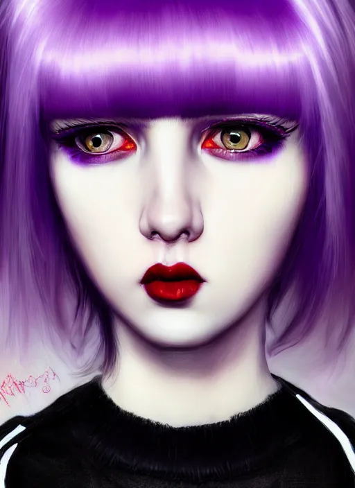 Image similar to portrait of white teenage girl, normal face, white bangs, mall goth, cyberlox, black and white hair, bangs, fluffy bangs, red contact lenses, purple lipstick, intricate, elegant, highly detailed, digital painting, artstation, concept art, sharp focus, smooth, illustration, art by wlop, mars ravelo and greg rutkowski