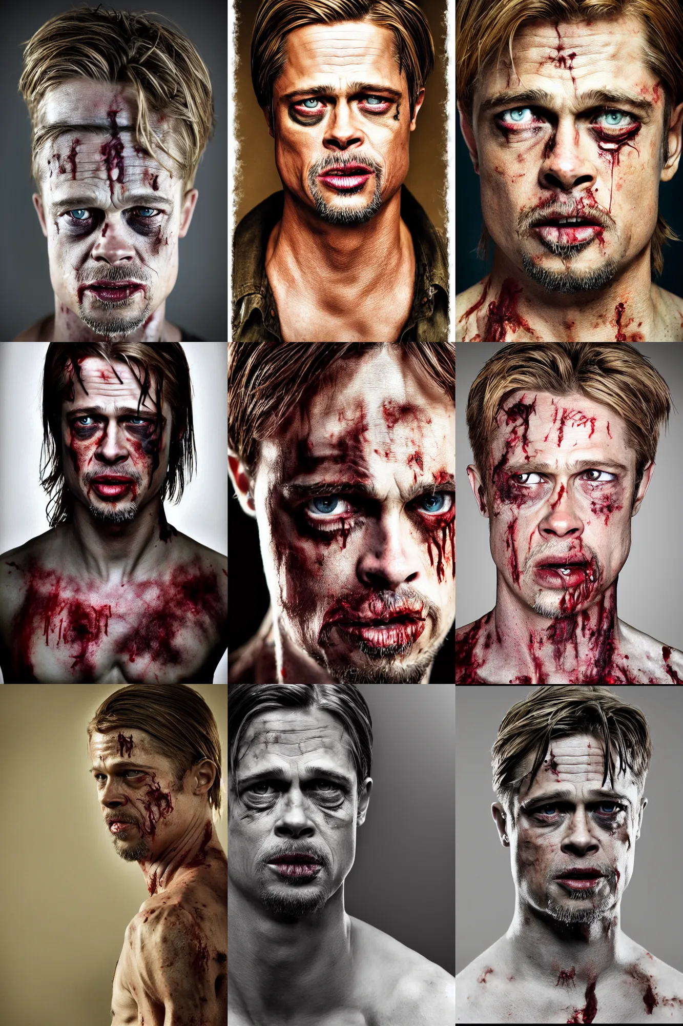 Prompt: photo portrait zombie Brad Pitt, 35mm, studio lighting, 8k