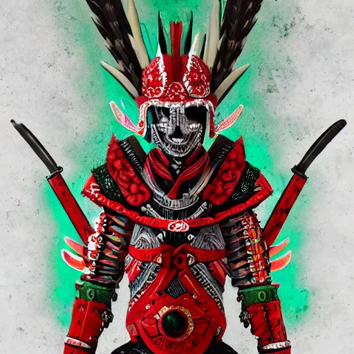 Image similar to mexican indigenous warrior in a ornated armor preparing for war, full body, dynamic pose, red and white and green neon, concept art, intricate details, highly professionally detailed, cgsociety, highly detailed -