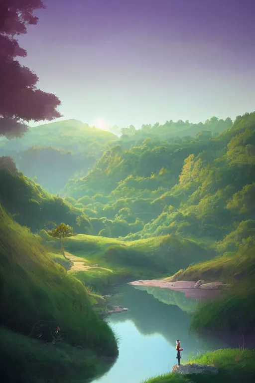 Prompt: beautiful matte painting by goro fujita whimsical art fantasy path mountains and meadow in the background near a lake reflecting the trees, atmospheric lighting, painted, intricate, volumetric lighting, beautiful, rich deep colors masterpiece, sharp focus, ultra detailed by