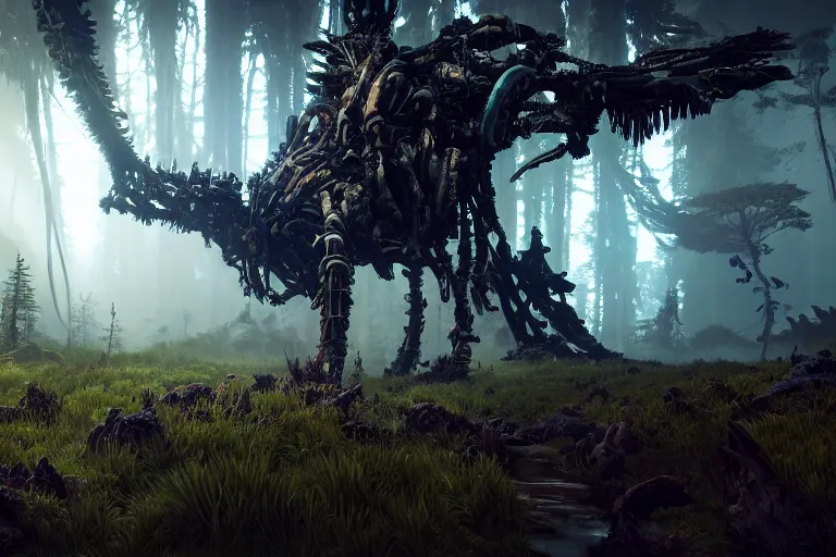 Image similar to wide epic shot from horizon forbidden west. a hyper detailed organic mechanic creatuve realistic similar look as horizon forbidden west horizon zero dawn, bioluminiscence in a dark deep forest at dawn in spring, with reflection and textures, by kilian eng, substance painter reaslitic mech surface metal painted scratches, world env from horizon forbidden west horizon zero dawn