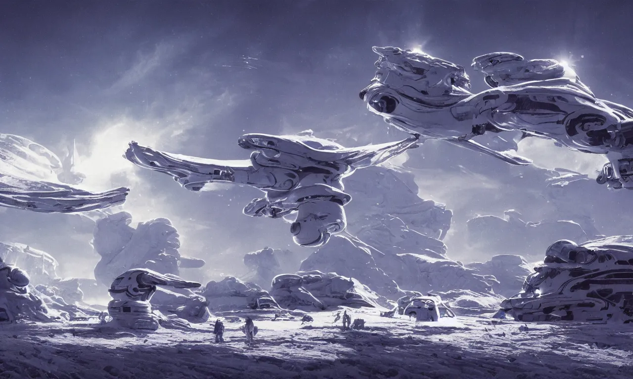 Prompt: snow alien landscape of an unexplored world, cinematic lighting, cinematic angle, Syd Mead, Federico Pelat, daylight, blue sky, spaceship in the sky