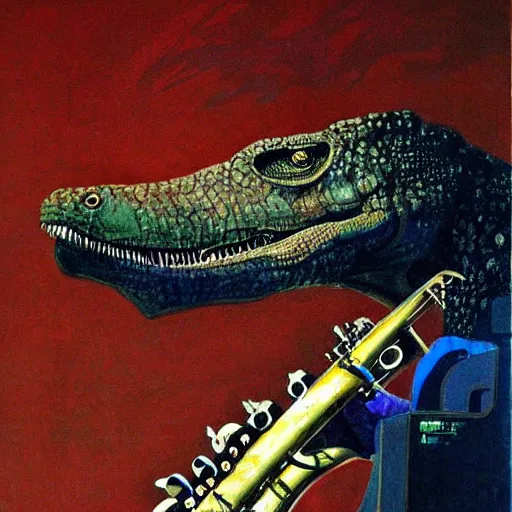 Image similar to tyrannosaurus rex dinosaur playing a saxophone on stage at a jazz club. gouache art painting by James Gurney.