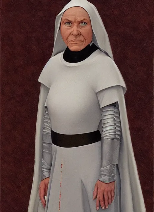 Image similar to a nun wearing a medieval armor. intricate detail armor. nun clothes. art by ralph mcquarrie, ralph mcquarrie artwork. portrait.