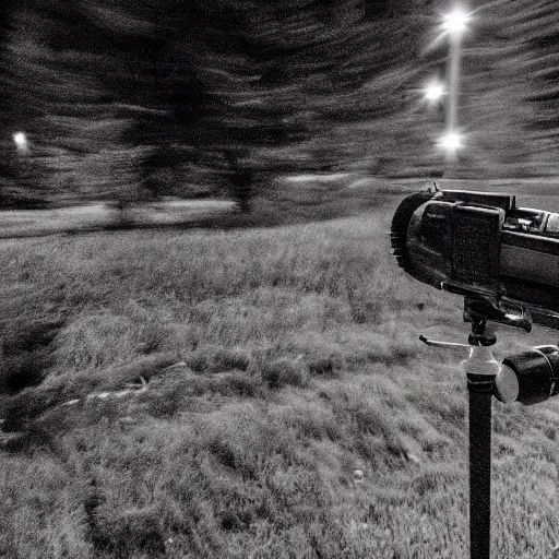 Image similar to black and white trail cam footage at night of queen elizabeth with a bazooka