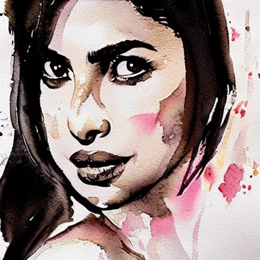 Image similar to Beautiful detailed watercolor medium shot of Priyanka Chopra by Bill Sienkiewicz, trending on pinterest