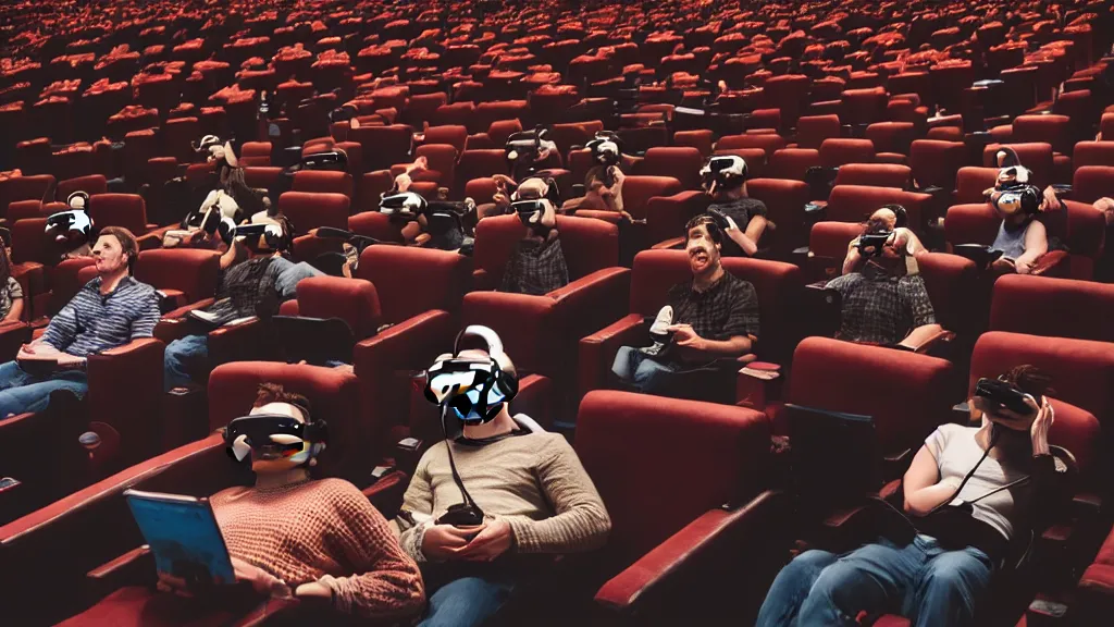 Image similar to people in a busy movie theatre, all wearing vr headsets with art direction by salvador dali, wide lens