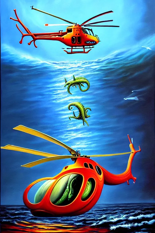 Image similar to a hyperrealistic painting of a helicopter being dragged into the water be sea creature, cinematic horror by chris cunningham, lisa frank, richard corben, highly detailed, vivid color,