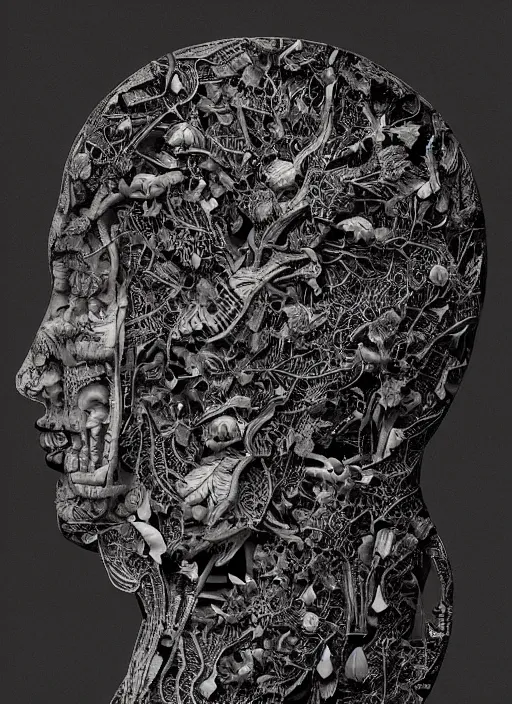 Image similar to a female android's face in profile, made of leaf skeletons, in the style of the Dutch masters and Gregory Crewdson, dark and moody intricate traditional Chinese textures, rococo decorations, hyper detail