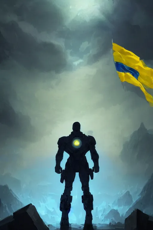 Image similar to a distant shot of a single super soldier with blue and yellow flag and standing alone on a huge pile of human skulls as a winner, masculine figure, D&D, fantasy, bright hopeful atmosphere, volumetric lights, beam of bright light through the clouds, intricate, elegant, highly detailed, extremely detailed, digital painting, artstation, concept art, matte, smooth, sharp focus, hyper realistic, illustration, art by Artgerm and Greg Rutkowski and Alphonse Mucha