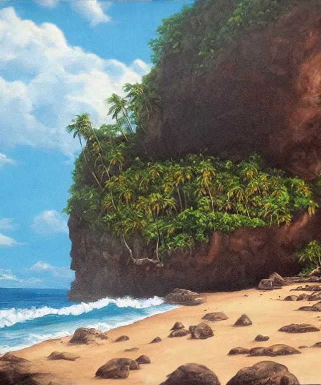 Image similar to photorealistic painting of turtle bay beach jamaica, sharp cliffs, island with cave, dark, atmospheric, brooding, smooth, finely detailed, cinematic, epic, in the style of larry elmore