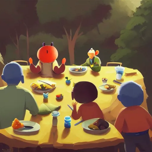 Image similar to goro fujita ilustration hikers eating around a table full of food, painting by goro fujita, sharp focus, highly detailed, artstation